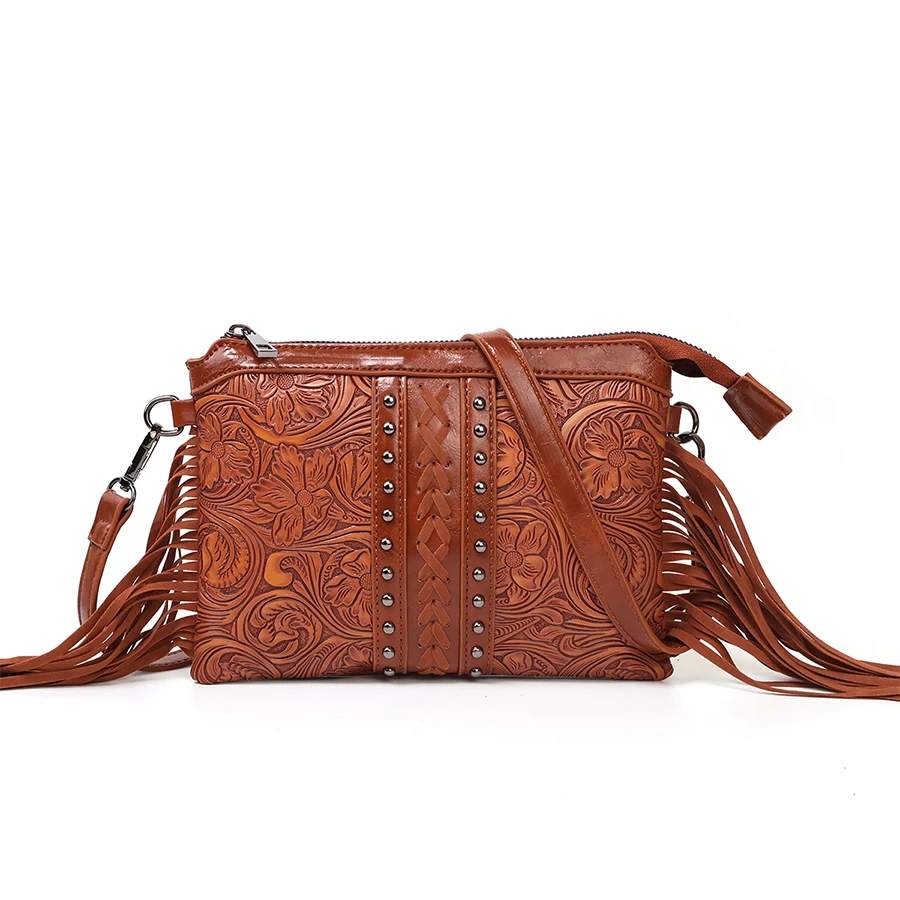 New Vintage Bohemian Style Embossed Fringe Shoulder Bag, Rivet Decor Casual Versatile Commuter Crossbody Bag
New Vintage Bohemian Style Embossed Fringe Shoulder Bag, Rivet Decor Casual Versatile Commuter Crossbody Bag
