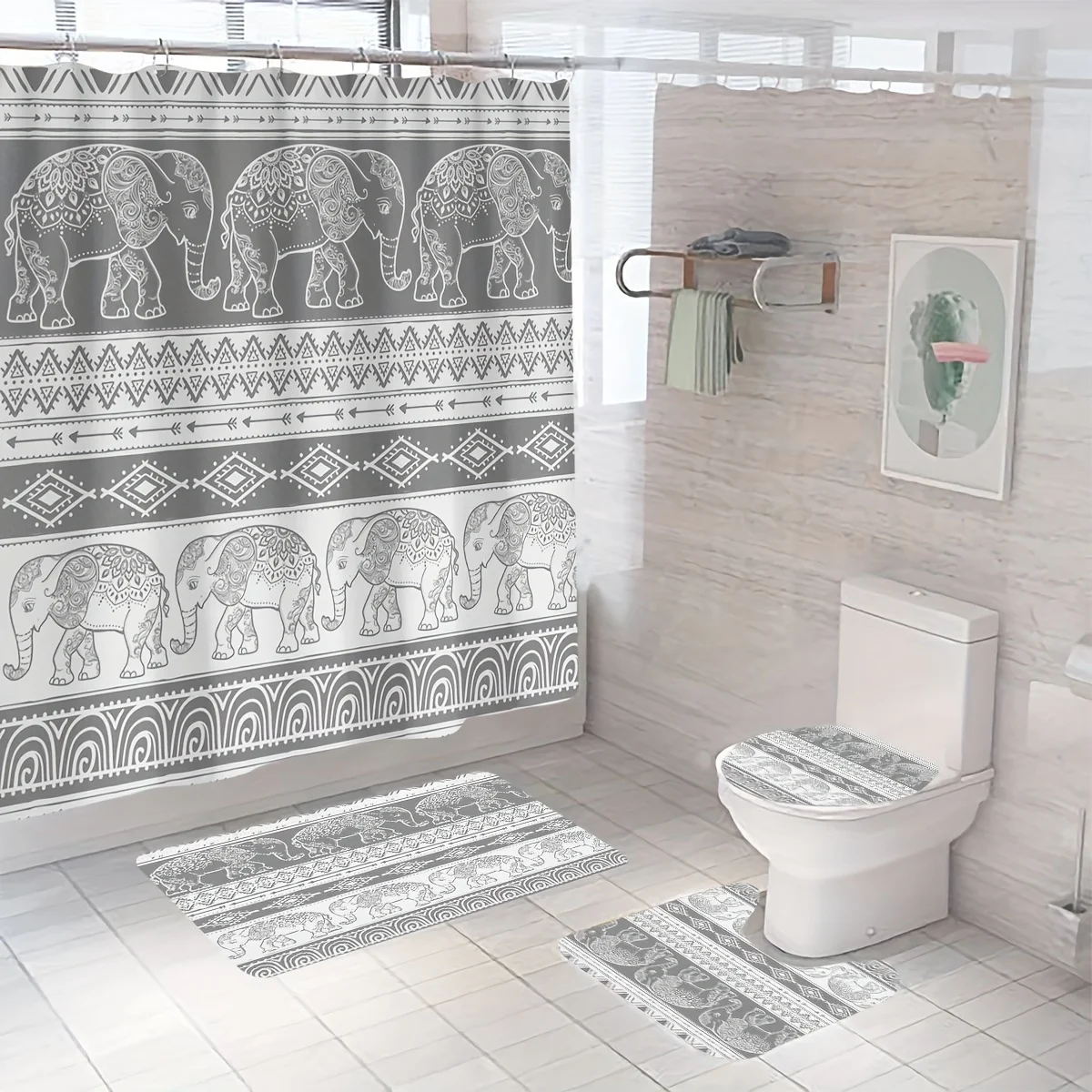 Набор из 4 предметов, занавеска для душа с богемным принтом слона, тканевая занавеска для ванной комнаты, набор занавесок для душа с ковриком для ванной, нескользящий
Набор из 4 предметов, занавеска для душа с богемным принтом слона, тканевая занавеска для ванной комнаты, набор занавесок для душа с ковриком для ванной, нескользящий