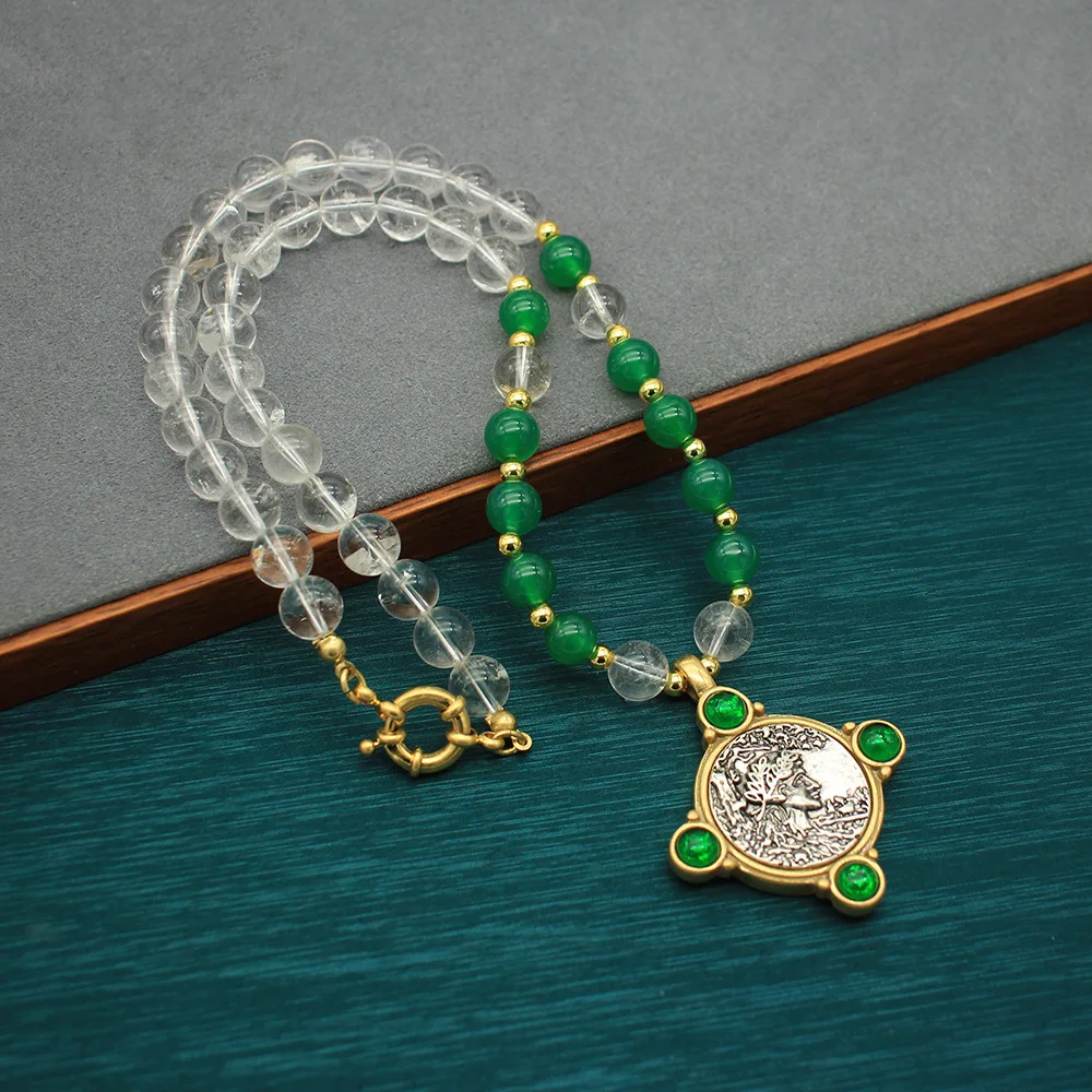 Natural White Crystal Necklace Retro Ancient Coin Green Agate Pendant Stylish Old Money Style
Natural White Crystal Necklace Retro Ancient Coin Green Agate Pendant Stylish Old Money Style