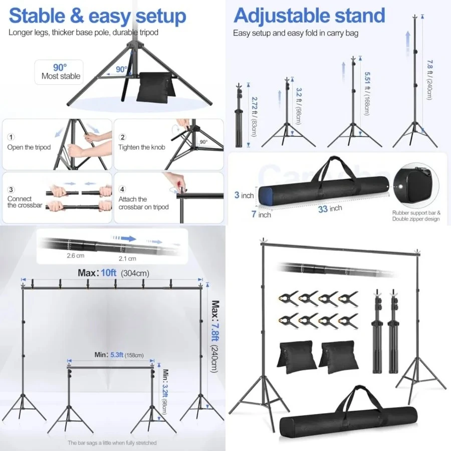 Backdrop Stand 10x7.8ft(WxH) Photo Studio Adjustable Background Stand Support kit with 2 Crossbars, 8 Clamps, 2 Sandbags and Carry Bag for Parties, Events Decoration, Wedding, Photography
Backdrop Stand 10x7.8ft(WxH) Photo Studio Adjustable Background Stand Support kit with 2 Crossbars, 8 Clamps, 2 Sandbags and Carry Bag for Parties, Events Decoration, Wedding, Photography
