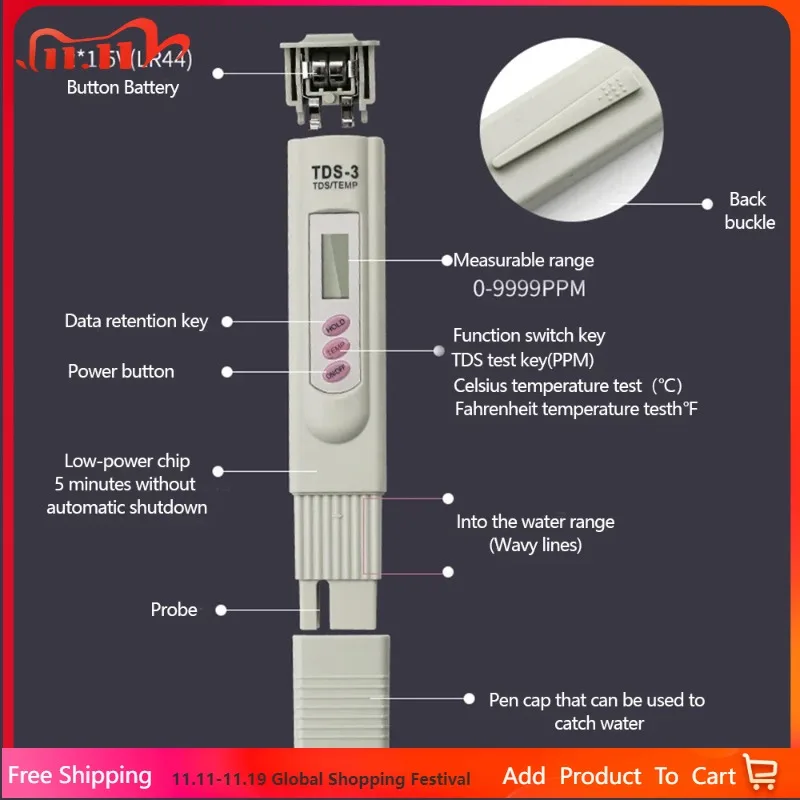 TDS-3 Portable Digital Water Quality Tester Pen - PH TDS Temperature Sensor Measuring Device for Water Purity Filter Monitoring
TDS-3 Portable Digital Water Quality Tester Pen - PH TDS Temperature Sensor Measuring Device for Water Purity Filter Monitoring