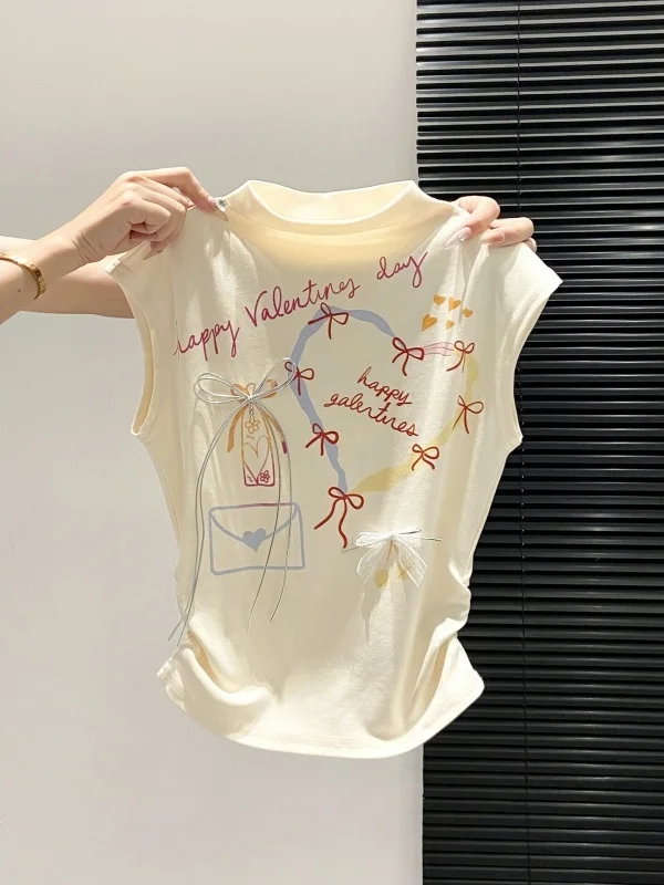 Summer New Sweet Style Women's T-Shirt Sleeveless Heart Knot Print Slimming Design Cotton Polyester Blend round Neck
Summer New Sweet Style Women's T-Shirt Sleeveless Heart Knot Print Slimming Design Cotton Polyester Blend round Neck