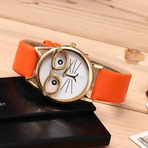 Creative Glasses Children Fashion Korean Cute Cartoon Cat Leather Band Quartz Watch Simple Wristwatch Bracelet Best Gift