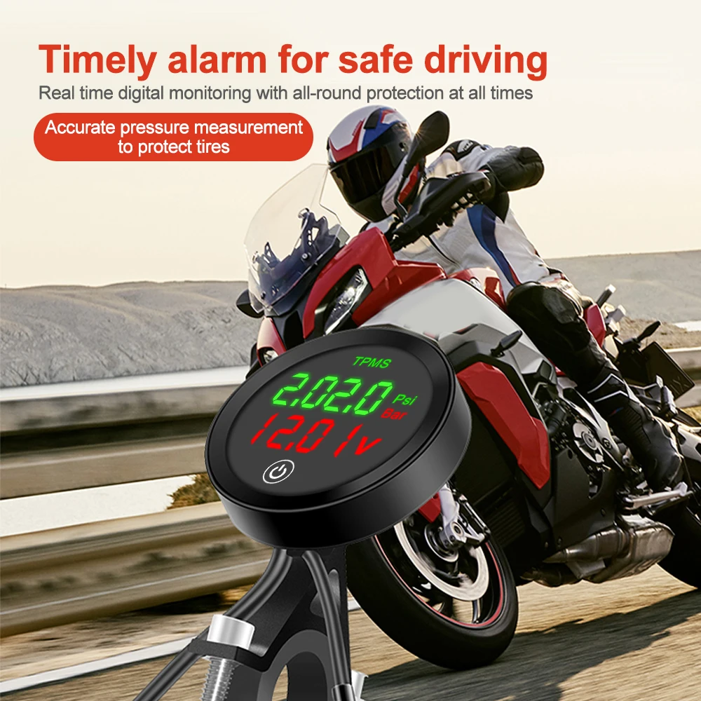 Motorcycle Wireless Tire Pressure Monitoring System Motorbike Tire Gauge Alarm Sensor Kit with USB Charging for Mobile Phones
Motorcycle Wireless Tire Pressure Monitoring System Motorbike Tire Gauge Alarm Sensor Kit with USB Charging for Mobile Phones