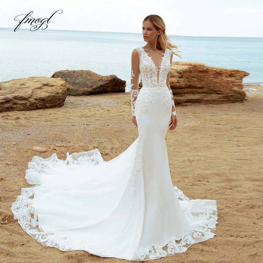 Fmogl Mermaid Classic Satin Wedding Dresses V-Neck long Sleeve Vestido De Novia Lace Appliques Court Train Robe De Mariee
Fmogl Mermaid Classic Satin Wedding Dresses V-Neck long Sleeve Vestido De Novia Lace Appliques Court Train Robe De Mariee
