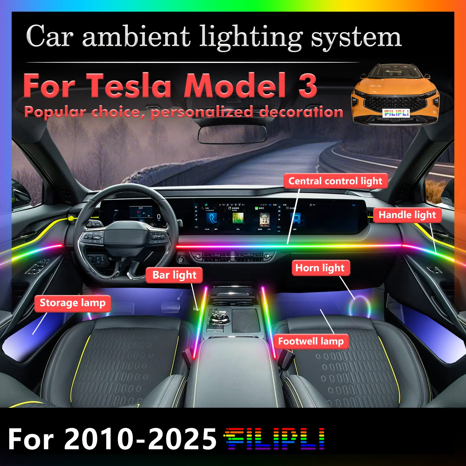 For Tesla Model 3 Car Interior Decorative Ambient Light RGB 64-Color LED Smart Remote Control Energy Saving Efficient Kit
For Tesla Model 3 Car Interior Decorative Ambient Light RGB 64-Color LED Smart Remote Control Energy Saving Efficient Kit