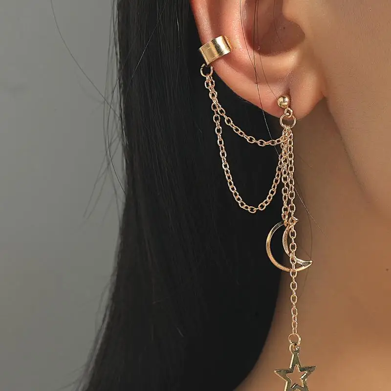 Vintage Pendant Metal Dangle Earrings With Long Chain Ear Clip For Women Silver Color Gold Color Star Moon Earring Jewelry
Vintage Pendant Metal Dangle Earrings With Long Chain Ear Clip For Women Silver Color Gold Color Star Moon Earring Jewelry