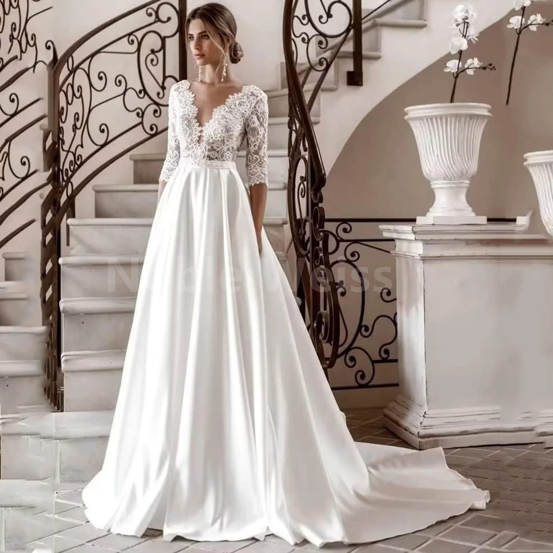 Elegant Soft Satin Wedding Dresses with V-Neck A-Line Lace Bridal Gowns Customized
Elegant Soft Satin Wedding Dresses with V-Neck A-Line Lace Bridal Gowns Customized
