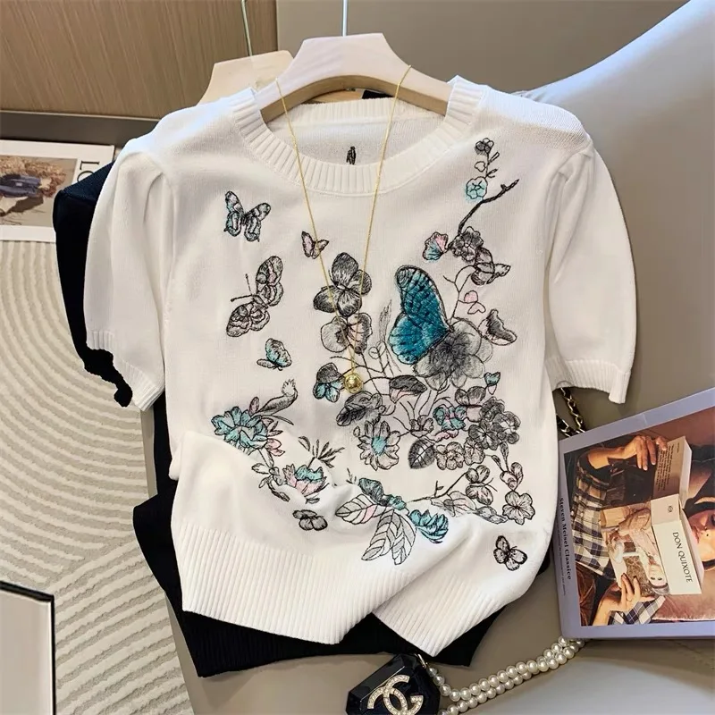 Little Fragrance Embroidery Butterfly Floral Short Sleeve T-shirt Women's Summer 2025 New Round Neck Puff Sleeve Slim Knit Top
Little Fragrance Embroidery Butterfly Floral Short Sleeve T-shirt Women's Summer 2025 New Round Neck Puff Sleeve Slim Knit Top