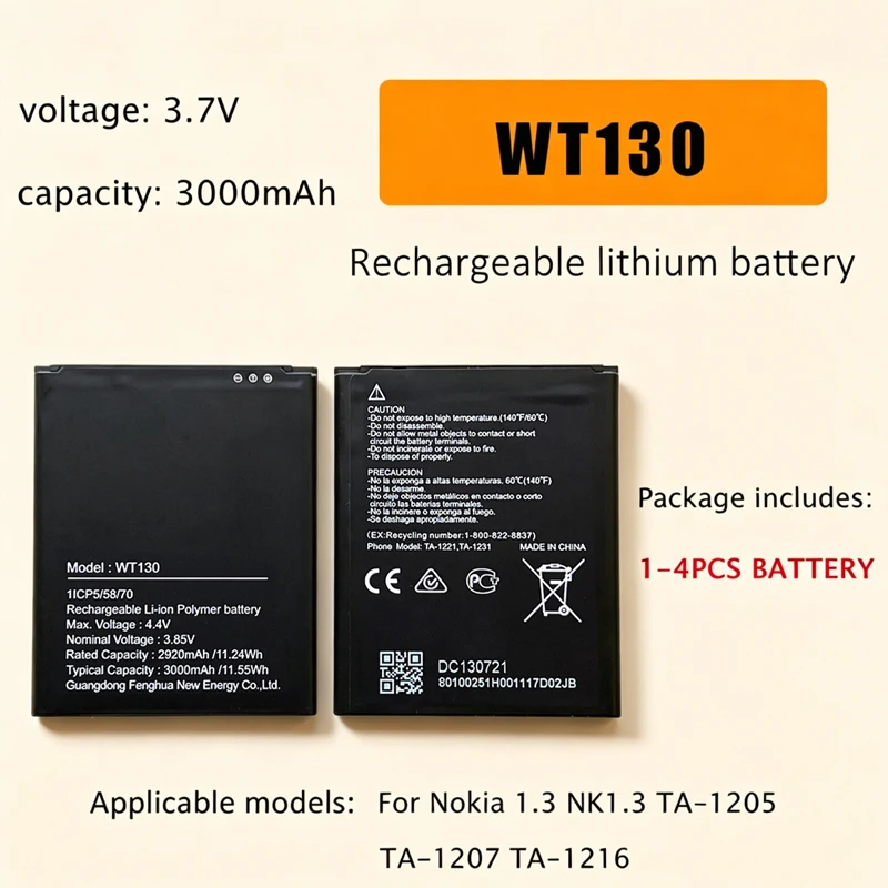 WT130 Mobile Phone Battery 3000mAh Rechargeable 3.7V Lithium-Ion Batteries for Nokia 1.3 NK1.3 TA-1205 TA-1207 TA-1216
WT130 Mobile Phone Battery 3000mAh Rechargeable 3.7V Lithium-Ion Batteries for Nokia 1.3 NK1.3 TA-1205 TA-1207 TA-1216