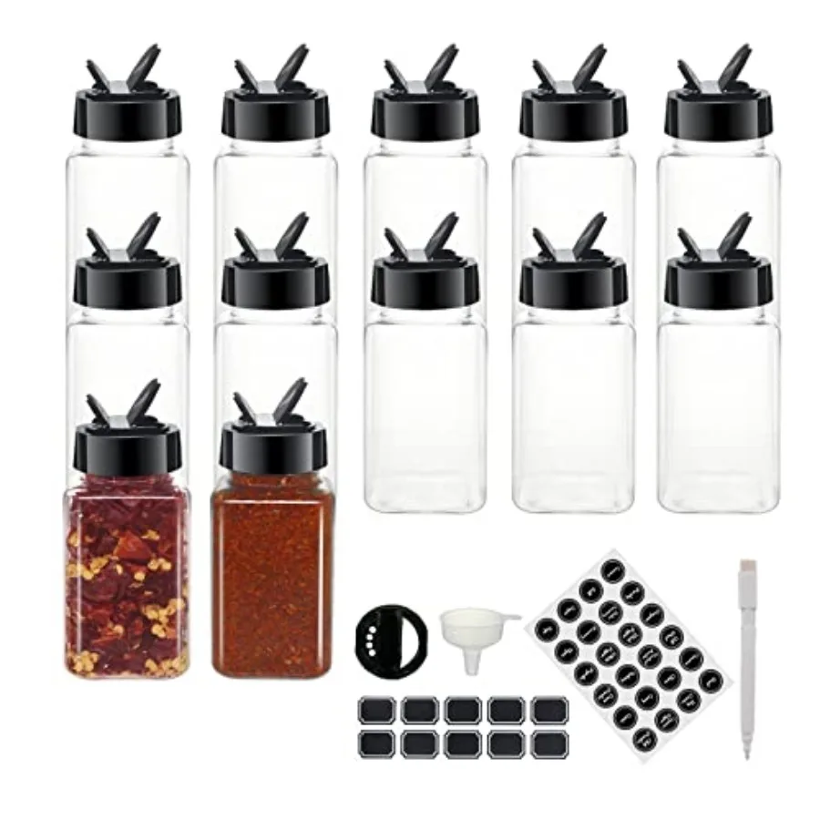 12 Pack 4oz Clear Plastic Spice Jars With Black Plastic Lids, Square Spice Bottles, Seasoning Containers with Chalk Labels, Pen
12 Pack 4oz Clear Plastic Spice Jars With Black Plastic Lids, Square Spice Bottles, Seasoning Containers with Chalk Labels, Pen