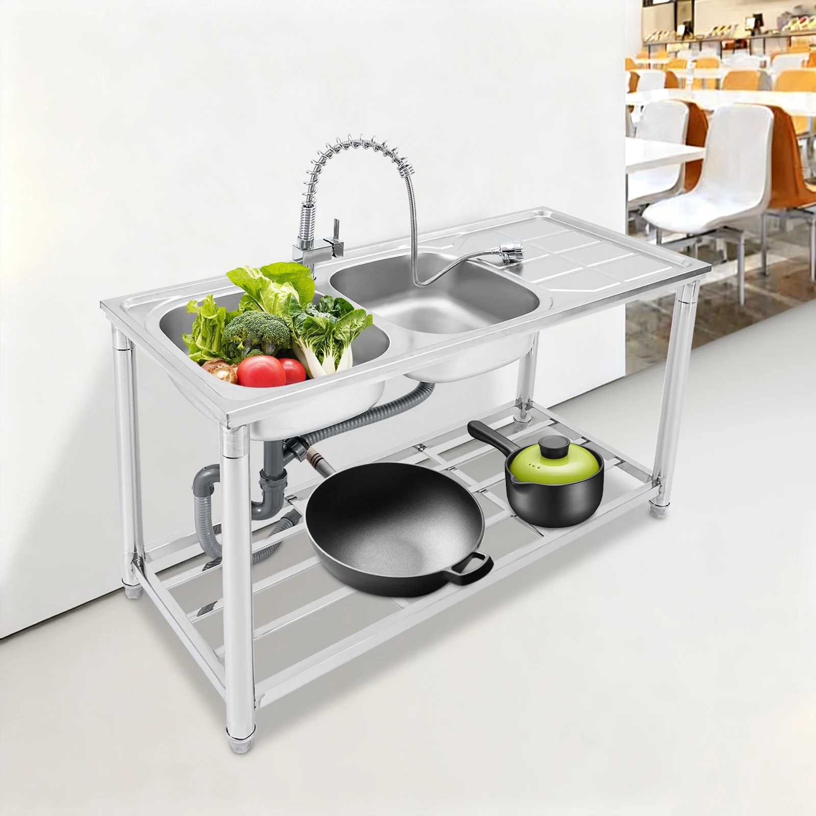 НОВАЯ отдельностоящая мойка из нержавеющей стали с двумя чашами, со столешницей и полками, включая выдвижной смеситель на 360 градусов с основанием.
НОВАЯ отдельностоящая мойка из нержавеющей стали с двумя чашами, со столешницей и полками, включая выдвижной смеситель на 360 градусов с основанием.