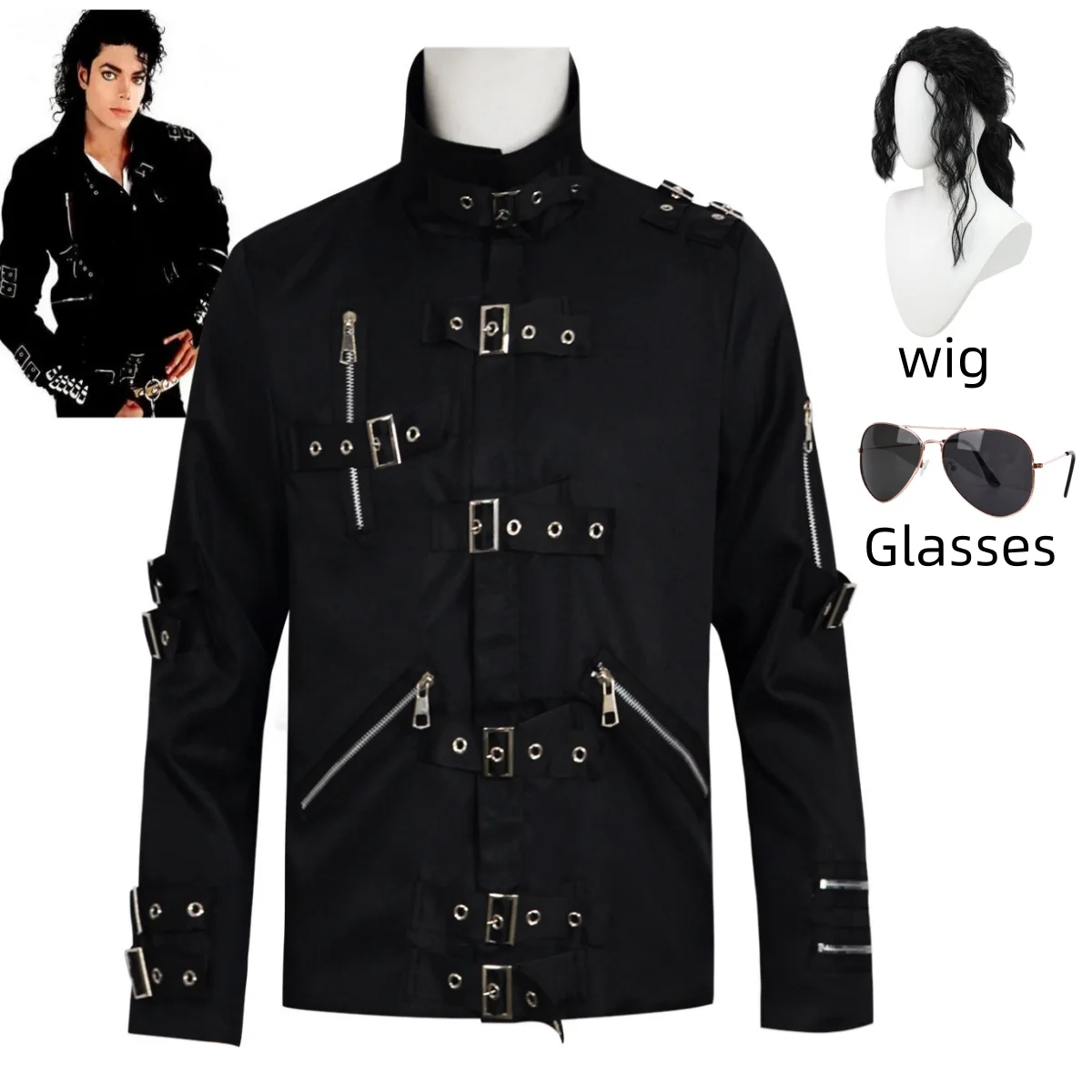 Michael's identical men's punk buckle zipper black jacket, singer's identical replica cosplay costume with wig and glasses set,
Michael's identical men's punk buckle zipper black jacket, singer's identical replica cosplay costume with wig and glasses set,