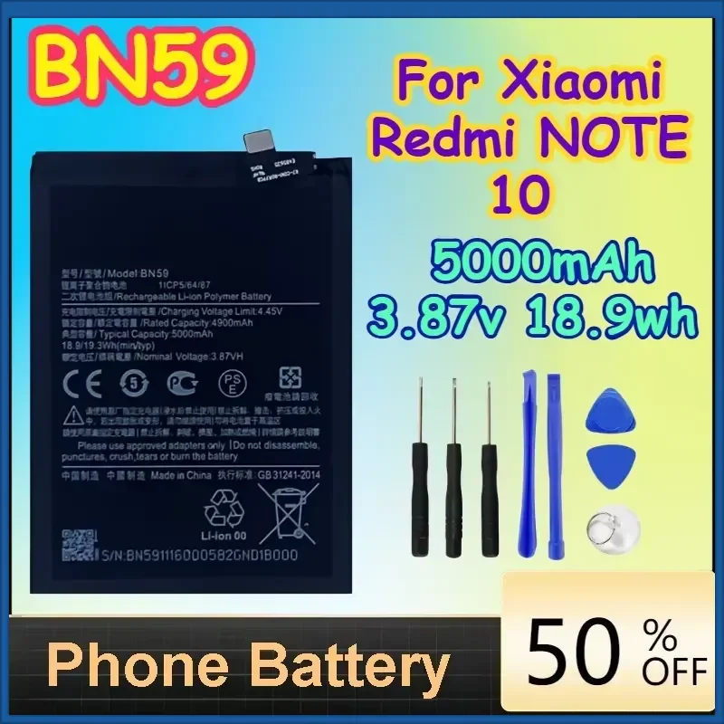 BN59 5000mAh 3.87v 18.9wh Battery for Xiaomi Redmi NOTE 10 Phone Replacement Batteries+ Free Tools
BN59 5000mAh 3.87v 18.9wh Battery for Xiaomi Redmi NOTE 10 Phone Replacement Batteries+ Free Tools