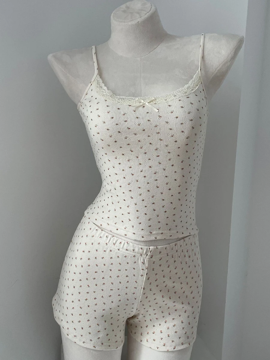 Lace Trim Tank Top+Straight Short Pants Women New Cotton Bow Floral Print 2 Piece Set Girls Sweet Cute Home Pajama Slim Two Sets
Lace Trim Tank Top+Straight Short Pants Women New Cotton Bow Floral Print 2 Piece Set Girls Sweet Cute Home Pajama Slim Two Sets