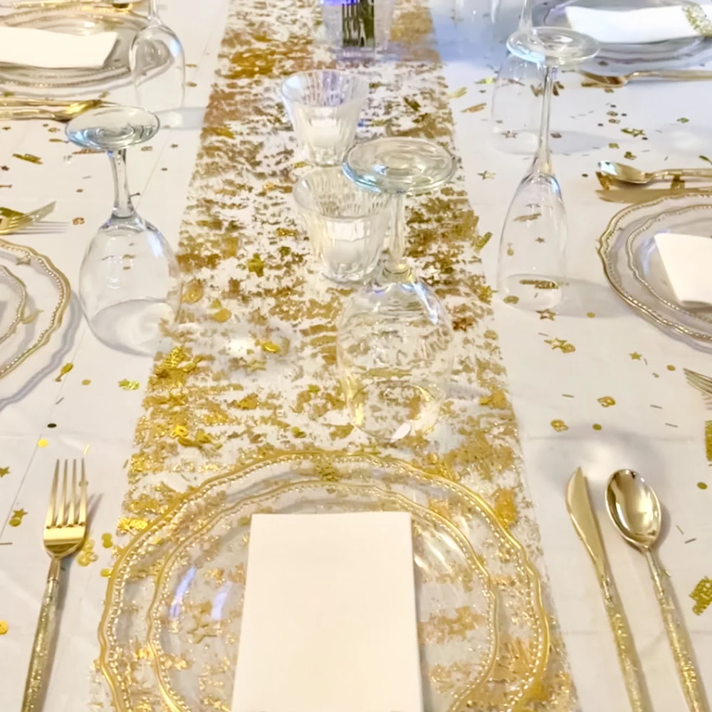 2.75/5m Gold Table Runners Glitter Sequin Foil Metallic Thin Mesh Table Runner Table Decoration for Wedding Birthday Event Party
2.75/5m Gold Table Runners Glitter Sequin Foil Metallic Thin Mesh Table Runner Table Decoration for Wedding Birthday Event Party