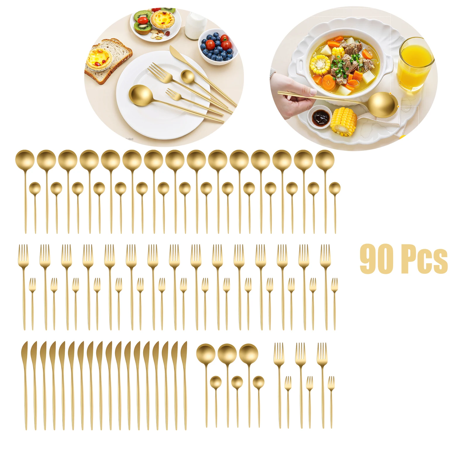 90 Pcs Gold Flatware Set Stainless Steel Dinnerware Cutlery Set for Wedding Party Restaurant Household Dishwasher Safe
90 Pcs Gold Flatware Set Stainless Steel Dinnerware Cutlery Set for Wedding Party Restaurant Household Dishwasher Safe