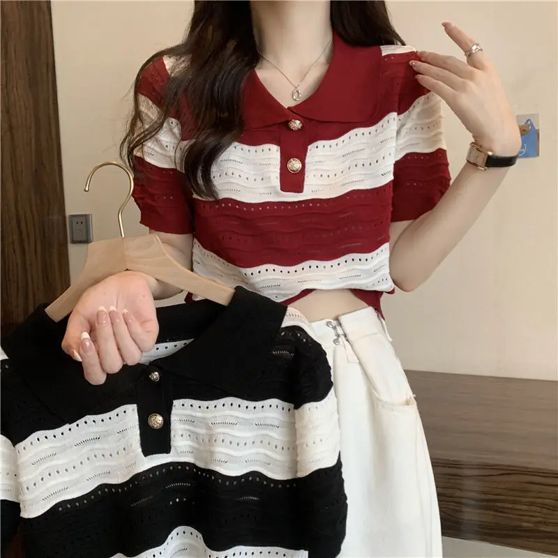 French Style Summer Women Short Sleeve T Shirt Polo-Neck Chic Hollow Out Striped Urbane Casual Crop Top Women Clothes
French Style Summer Women Short Sleeve T Shirt Polo-Neck Chic Hollow Out Striped Urbane Casual Crop Top Women Clothes