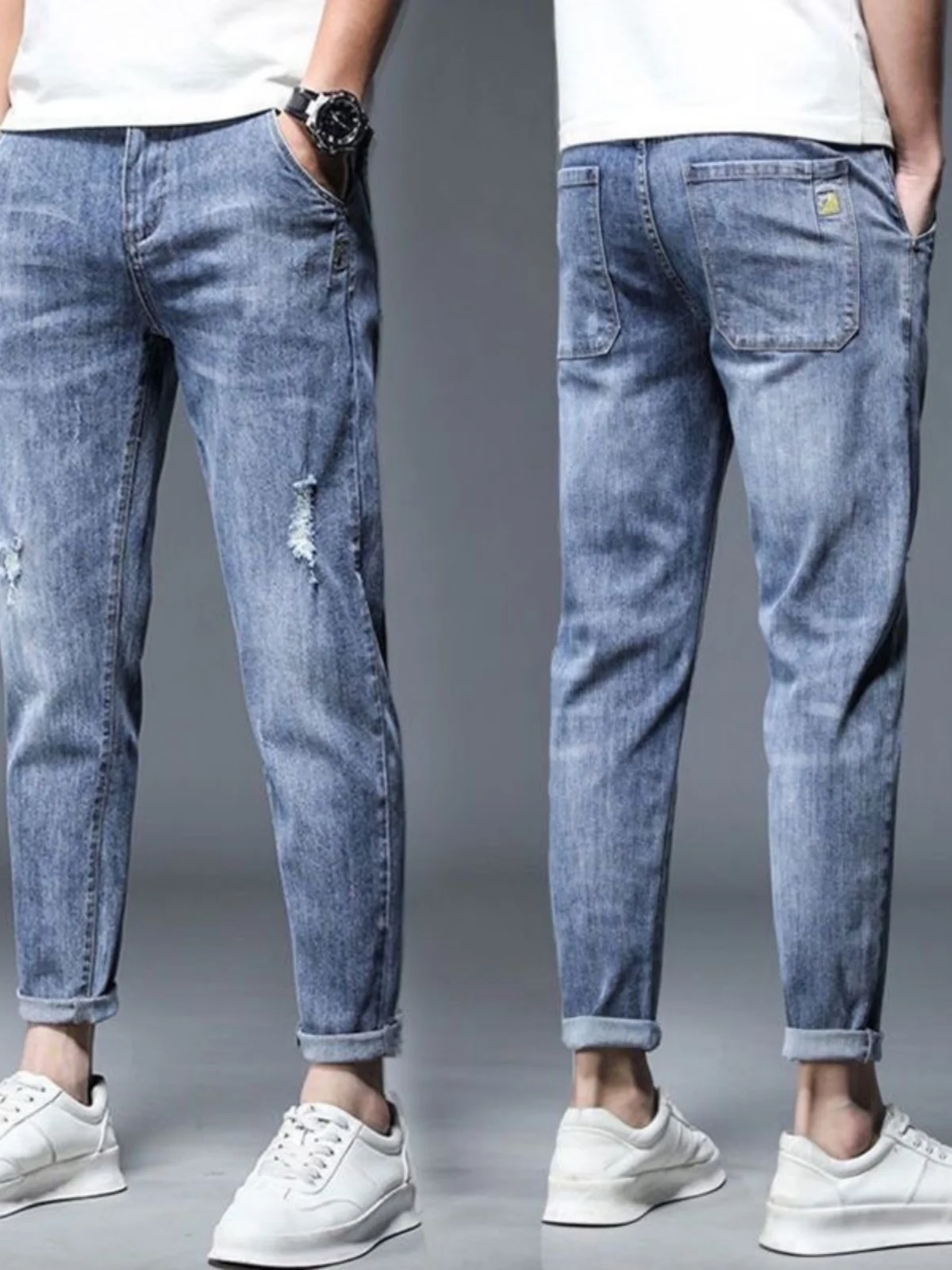 Summer Men's Slim Fit Jeans Tear Style Elastic Casual Thin Nine Points Pants Korean Version Fashionable Youth Leisure Jeans
Summer Men's Slim Fit Jeans Tear Style Elastic Casual Thin Nine Points Pants Korean Version Fashionable Youth Leisure Jeans