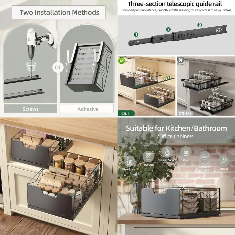 Набор из 4 металлических выдвижных органайзеров для кухонных шкафов, 11.8Ш x 15.7Г x 6.9В, выдвижные полки без сверления
Набор из 4 металлических выдвижных органайзеров для кухонных шкафов, 11.8Ш x 15.7Г x 6.9В, выдвижные полки без сверления