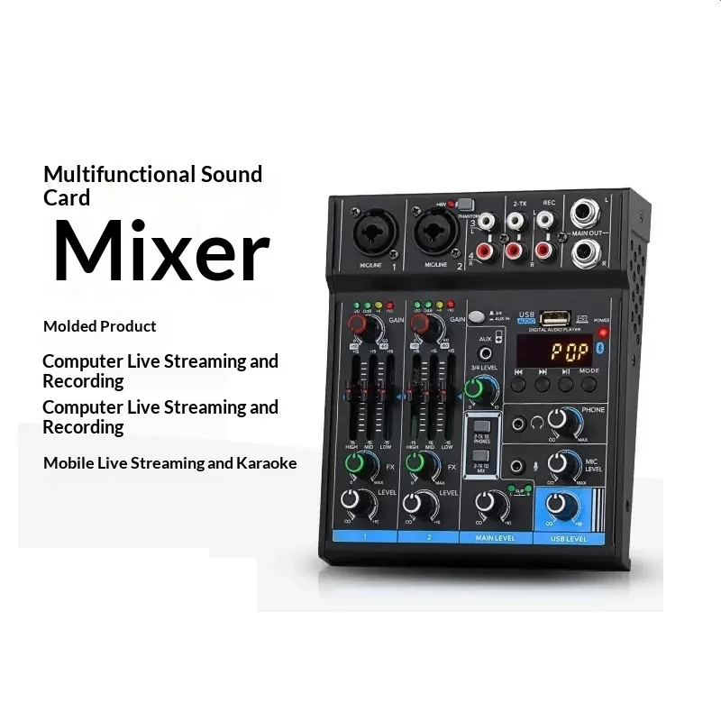4-Channel USB Sound Card Mixer - Bluetooth MP3 Recording Live Streaming with 3-Band EQ, Headphone Monitor, Powerbank Compatible
4-Channel USB Sound Card Mixer - Bluetooth MP3 Recording Live Streaming with 3-Band EQ, Headphone Monitor, Powerbank Compatible