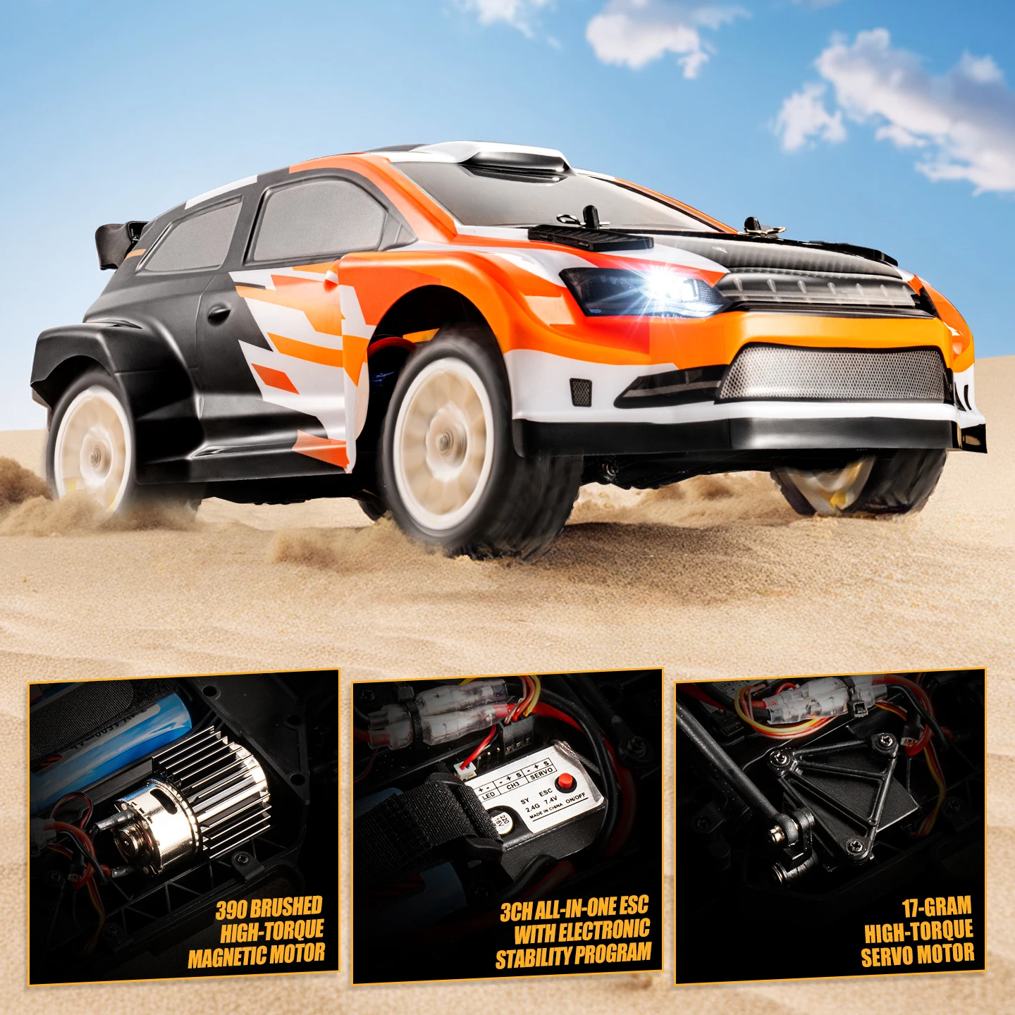 Новый 4WD RC автомобиль, высокоскоростной 2,4G, полностью пропорциональный матовый гироскоп, трехпроводной сервопривод, игрушки в подарок, светодиодный ESC, автомобиль с дистанционным управлением
Новый 4WD RC автомобиль, высокоскоростной 2,4G, полностью пропорциональный матовый гироскоп, трехпроводной сервопривод, игрушки в подарок, светодиодный ESC, автомобиль с дистанционным управлением