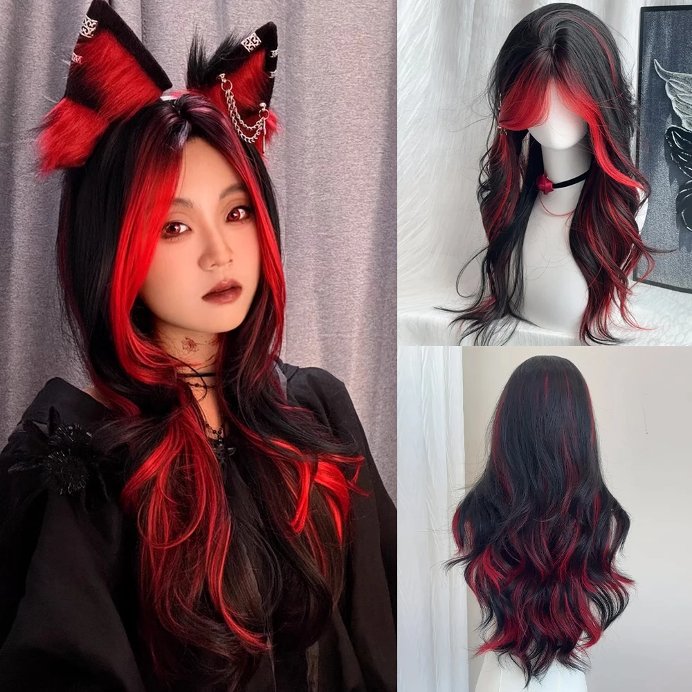 Synthetic Long Wavy Black Ombre Red Highlights Wig With Middle Spilt Bangs For Women Cosplay Daily Halloween Party Fluffy Fake H
Synthetic Long Wavy Black Ombre Red Highlights Wig With Middle Spilt Bangs For Women Cosplay Daily Halloween Party Fluffy Fake H