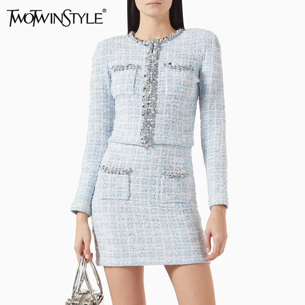 TWOTWINSTYLE Two Piece Sets for Women Round Neck Long Sleeves Spliced Diamonds Top High Waist Patchwork Pockets Skirt Female New
TWOTWINSTYLE Two Piece Sets for Women Round Neck Long Sleeves Spliced Diamonds Top High Waist Patchwork Pockets Skirt Female New
