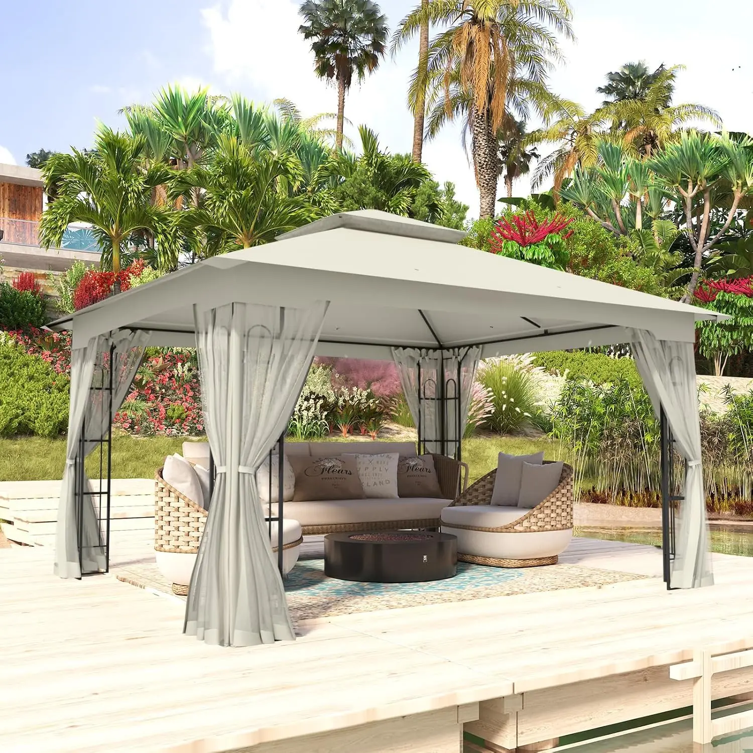 10x12 Outdoor Patio Gazebo with Netting, Two Tier Water Resistant Canopy for Backyard, Beige, Customized
10x12 Outdoor Patio Gazebo with Netting, Two Tier Water Resistant Canopy for Backyard, Beige, Customized