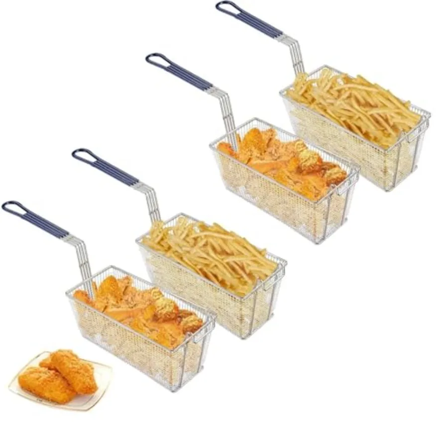 Commercial kitchen deep fryer basket for chips, fish, sausages; nickel-plated iron construction, black non-slip handle, heavy-d
Commercial kitchen deep fryer basket for chips, fish, sausages; nickel-plated iron construction, black non-slip handle, heavy-d