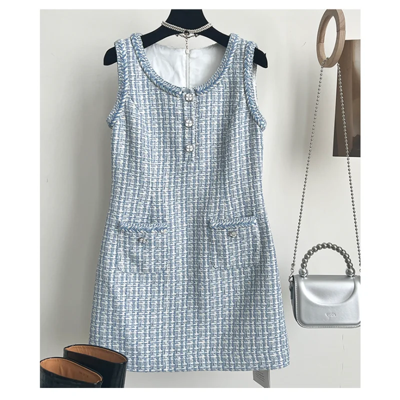 Women Small Fragrance Blue White Plaid Sleeveless Short Dress High Quality Sweet Fresh Tweed Lace French Chic Lady Vest Dress
Women Small Fragrance Blue White Plaid Sleeveless Short Dress High Quality Sweet Fresh Tweed Lace French Chic Lady Vest Dress
