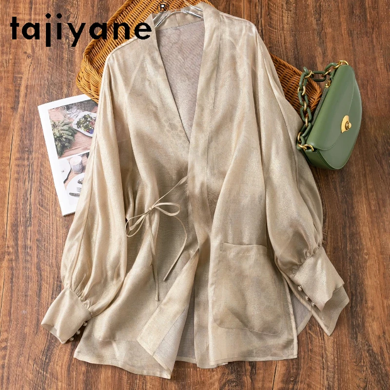 TAJIYANE Women Silk Cardigan 93.9% Mulberry Silk V-neck Mid Length Shirt Elegant Summer Beige Blouse Woman Clothes 2026 рубашка
TAJIYANE Women Silk Cardigan 93.9% Mulberry Silk V-neck Mid Length Shirt Elegant Summer Beige Blouse Woman Clothes 2026 рубашка