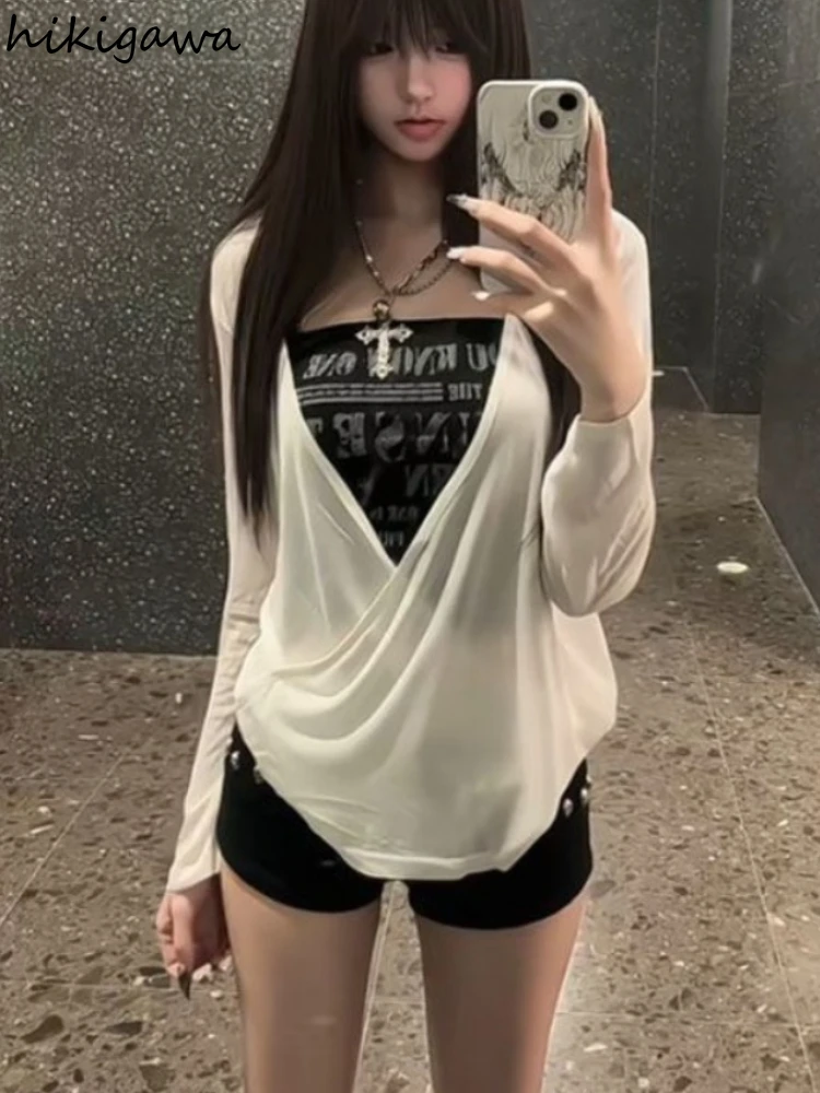 Fashion Korean T Shirts Women's Clothes Long Sleeve Loose Tshirt Letter Print Tunic Vest Suit 2 Piece Sets Casual Summer Outfits
Fashion Korean T Shirts Women's Clothes Long Sleeve Loose Tshirt Letter Print Tunic Vest Suit 2 Piece Sets Casual Summer Outfits