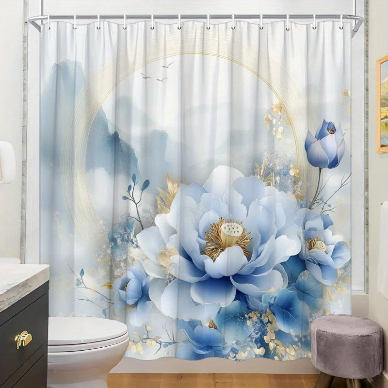 1pc blue peony and gold halo shower curtain, polyester fabric, machine washable, suitable for bathroom decoration
1pc blue peony and gold halo shower curtain, polyester fabric, machine washable, suitable for bathroom decoration