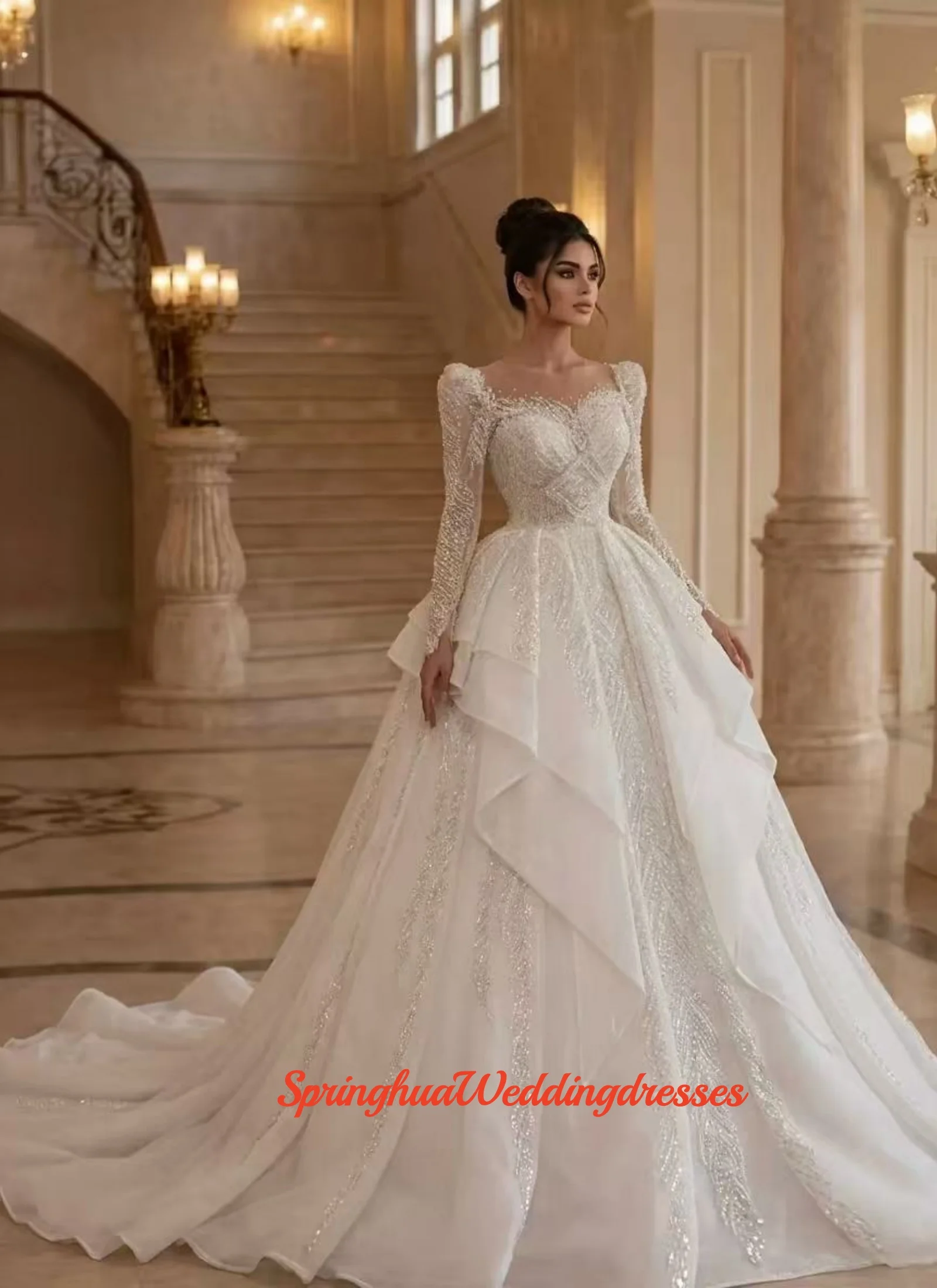 Скромное свадебное платье с длинными рукавами, блестящими пайетками и жемчугом, роскошные аппликации, длинное платье для невесты, индивидуальный пошив, Vestido De Novia
Скромное свадебное платье с длинными рукавами, блестящими пайетками и жемчугом, роскошные аппликации, длинное платье для невесты, индивидуальный пошив, Vestido De Novia