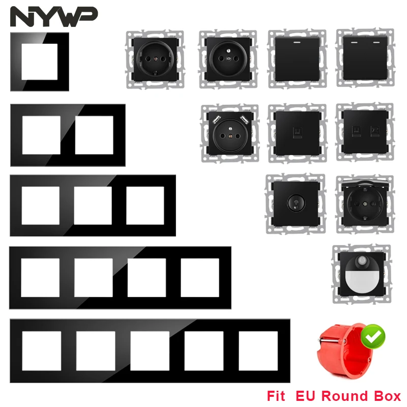 NYWP wall-mounted module diy European standard black tempered crystal glass panel socket LED light switch button function combi
NYWP wall-mounted module diy European standard black tempered crystal glass panel socket LED light switch button function combi