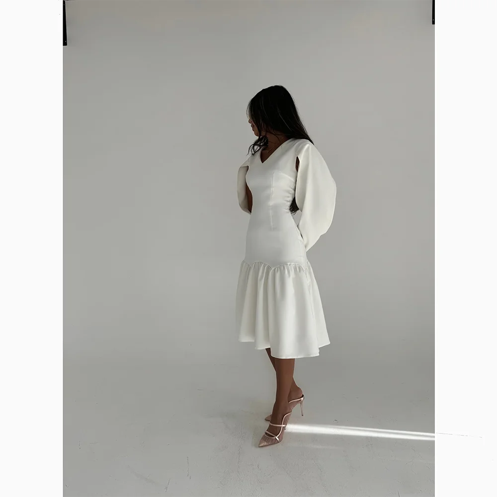 White Prom Dress Simple V-Neck Long Sleeves Knee Length Dresses Evening A-line Pleat Jersey Party Dress Customized 2026
White Prom Dress Simple V-Neck Long Sleeves Knee Length Dresses Evening A-line Pleat Jersey Party Dress Customized 2026