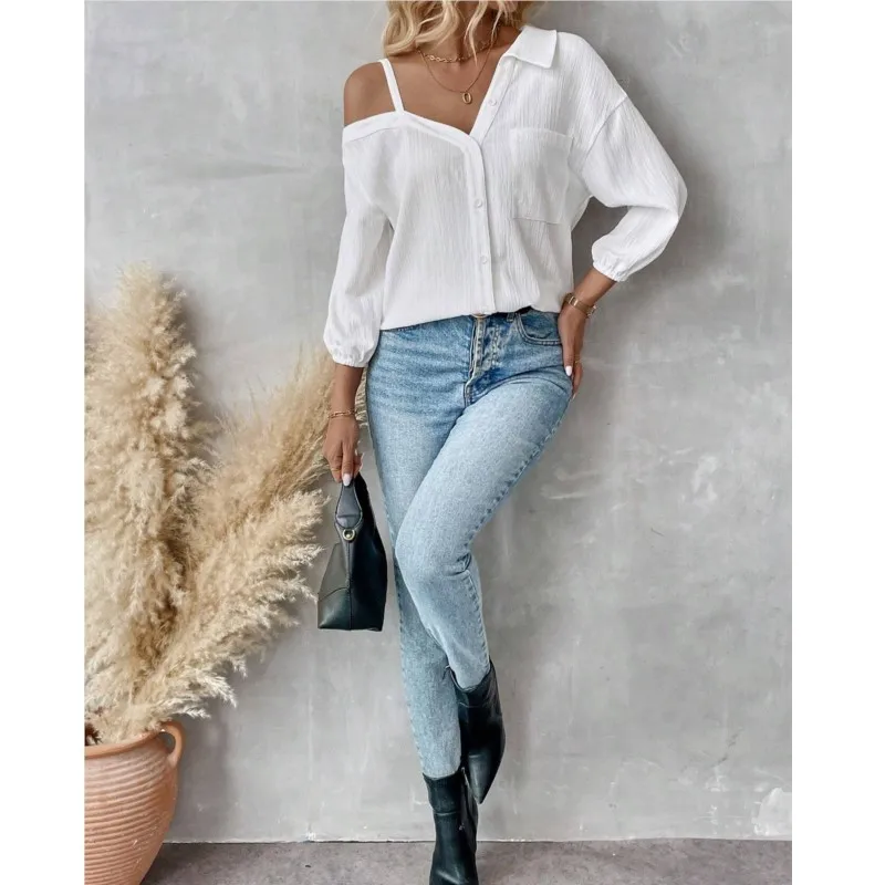 Женская однотонная рубашка, сексуальные белые рубашки с v-образным вырезом и открытыми плечами, женские модные топы с карманами и пуговицами, офисный топ, женская одежда, новинка лета
Женская однотонная рубашка, сексуальные белые рубашки с v-образным вырезом и открытыми плечами, женские модные топы с карманами и пуговицами, офисный топ, женская одежда, новинка лета