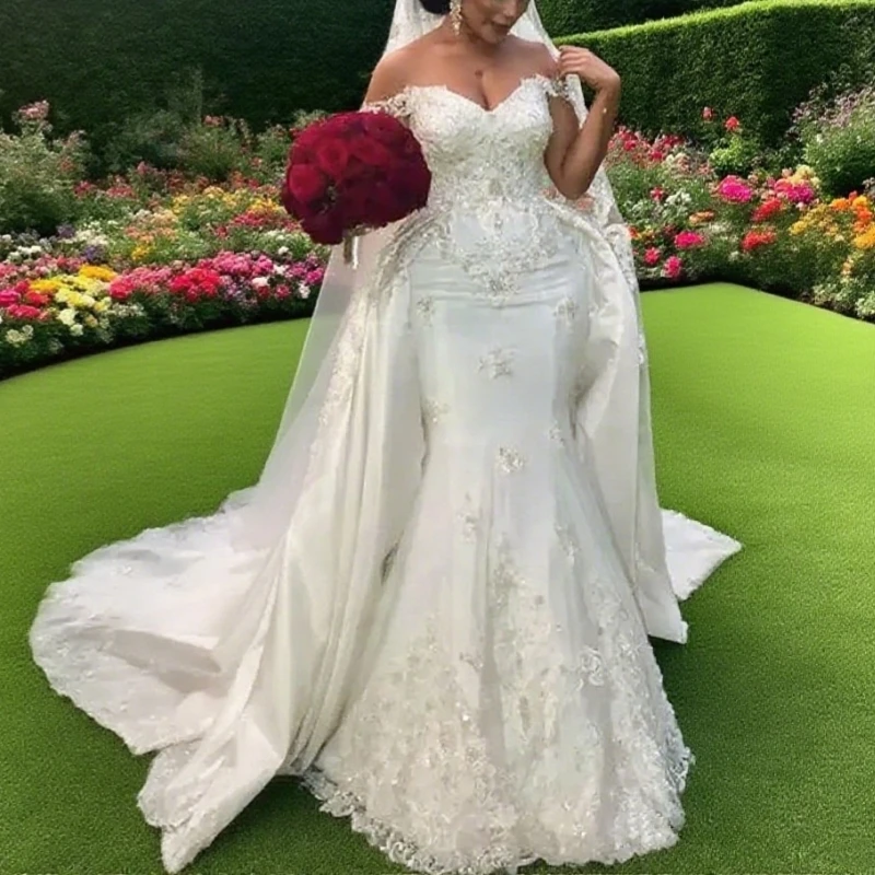 Elegant Beaded Lace Wedding Dresses Mermaid Bridal Gowns With Detachable Train Off Shoulder Applique Satin Bride Dress Customize
Elegant Beaded Lace Wedding Dresses Mermaid Bridal Gowns With Detachable Train Off Shoulder Applique Satin Bride Dress Customize