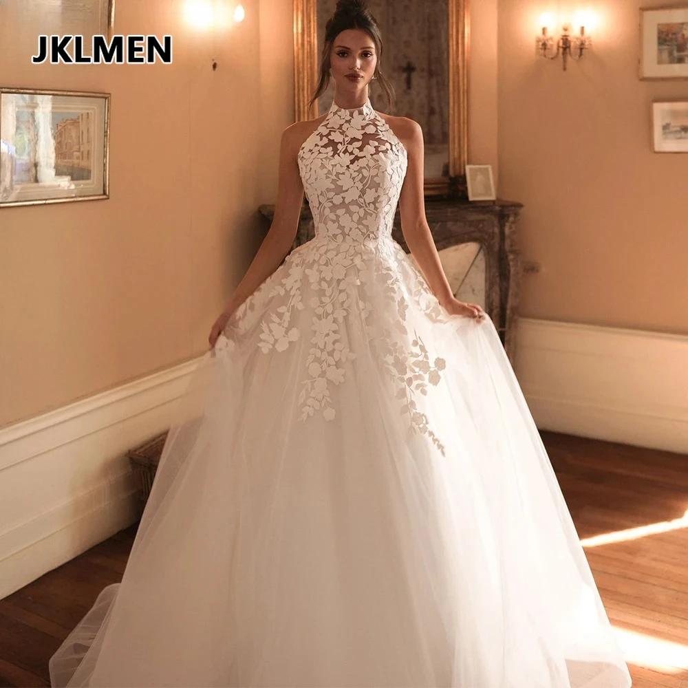 Romantic Sleeveless Halter Neck Wedding Dresses Lace Tulle Boho A-Line Bridal Gown for Women Vestido De Noiva Longo Customized
Romantic Sleeveless Halter Neck Wedding Dresses Lace Tulle Boho A-Line Bridal Gown for Women Vestido De Noiva Longo Customized