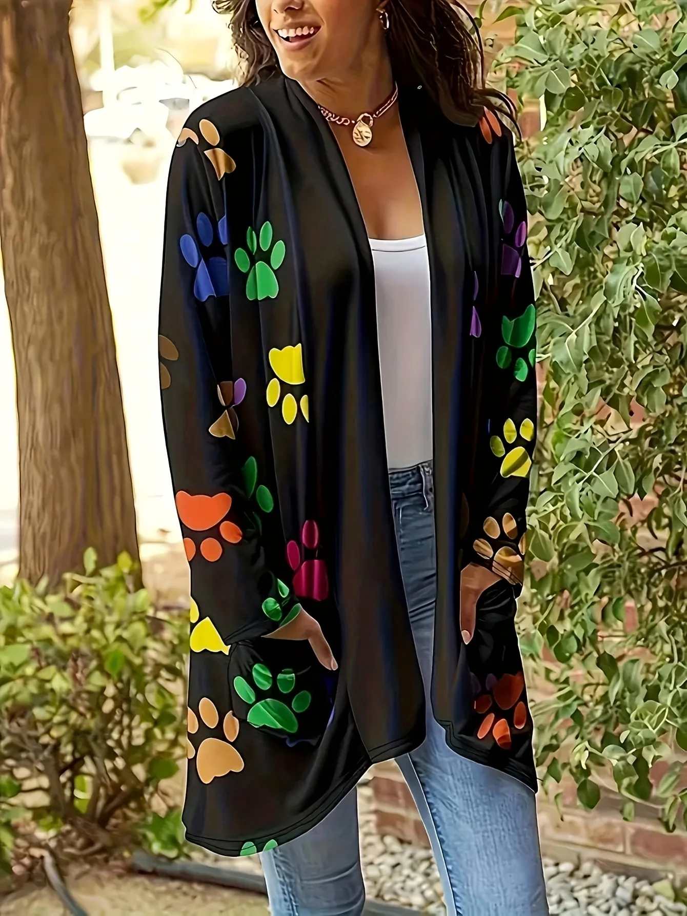 Большие размеры 1XL-4XL, женский модный всесезонный кардиган с длинными рукавами, женский модный кардиган с длинными рукавами и принтом лапы собаки 
Большие размеры 1XL-4XL, женский модный всесезонный кардиган с длинными рукавами, женский модный кардиган с длинными рукавами и принтом лапы собаки