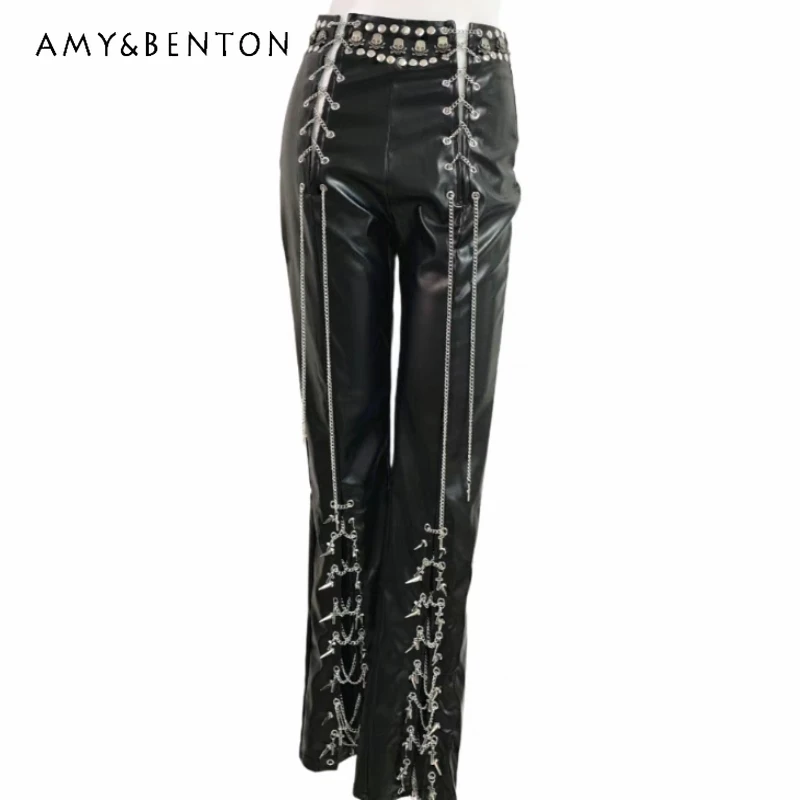 European American High Waist Slimming Punk PU Leather Rivet Chain Women's Pants New Design Gothic Sweet Cool Trousers Ladies
European American High Waist Slimming Punk PU Leather Rivet Chain Women's Pants New Design Gothic Sweet Cool Trousers Ladies