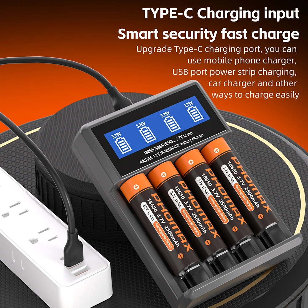 PHOMAX Lithium Rechargeable Battery+4 slots Charger 3.7V 18650 2500mAh Li-Ion Batteries For DIY Toys Car Flashlight Microphone
PHOMAX Lithium Rechargeable Battery+4 slots Charger 3.7V 18650 2500mAh Li-Ion Batteries For DIY Toys Car Flashlight Microphone