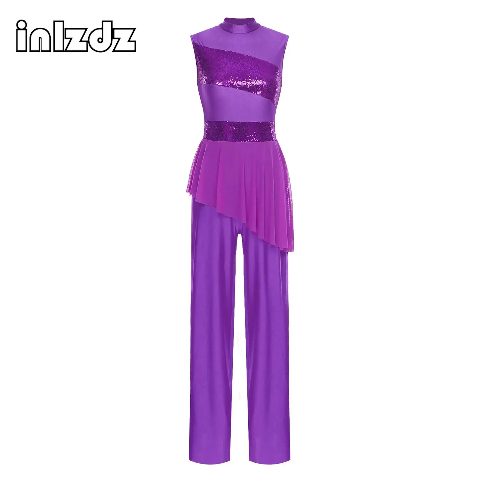 Elegant Womens Performance Jumpsuit Dress Sleeveless Sequin Bodice Trendy Asymmetric Mesh Overlay with Flared Hem Dancewear
Elegant Womens Performance Jumpsuit Dress Sleeveless Sequin Bodice Trendy Asymmetric Mesh Overlay with Flared Hem Dancewear
