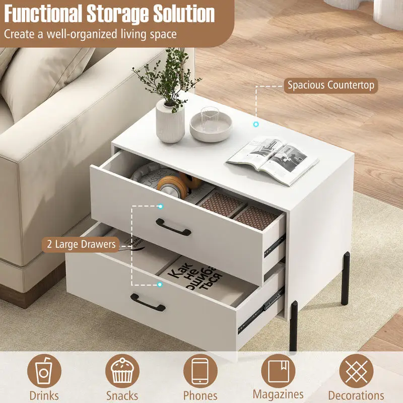 Modern Wooden 2-Drawer Nightstand with Metal Legs and Handles-White
Modern Wooden 2-Drawer Nightstand with Metal Legs and Handles-White