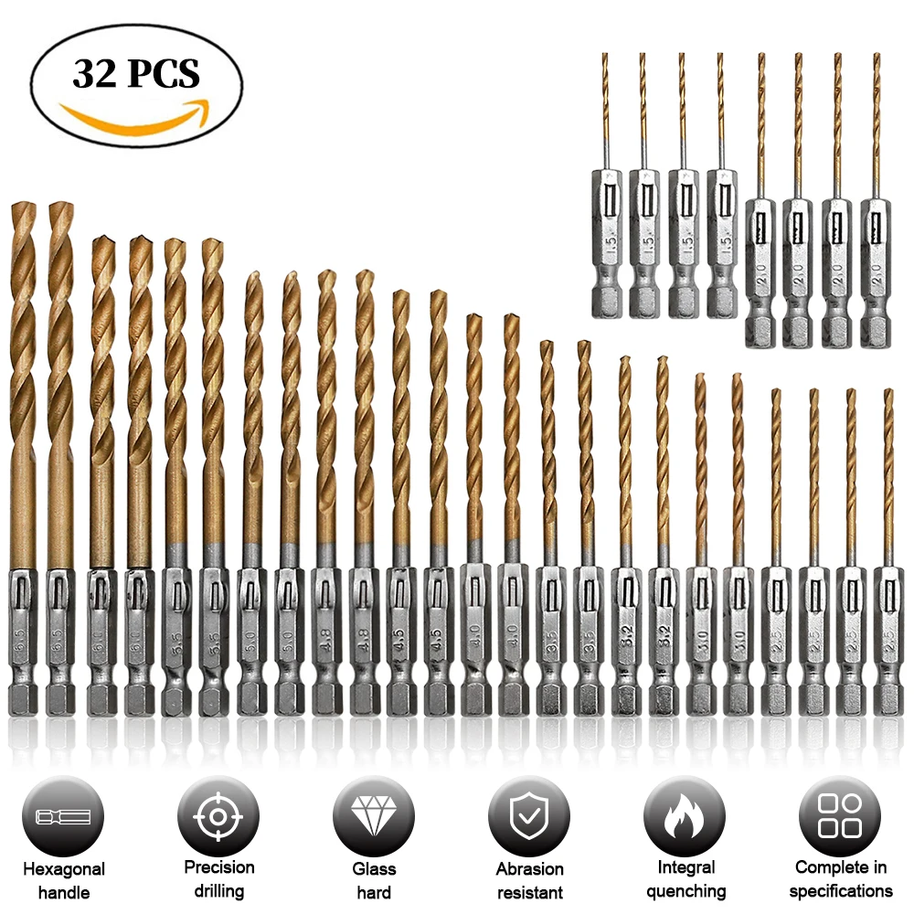 HSS High Speed Steel Twist Drill Bit 1/4 Hex Shank Replacement Hexagonal Handle Steel Titanium Coated Power Tool 1.5mm-6.5mm
HSS High Speed Steel Twist Drill Bit 1/4 Hex Shank Replacement Hexagonal Handle Steel Titanium Coated Power Tool 1.5mm-6.5mm