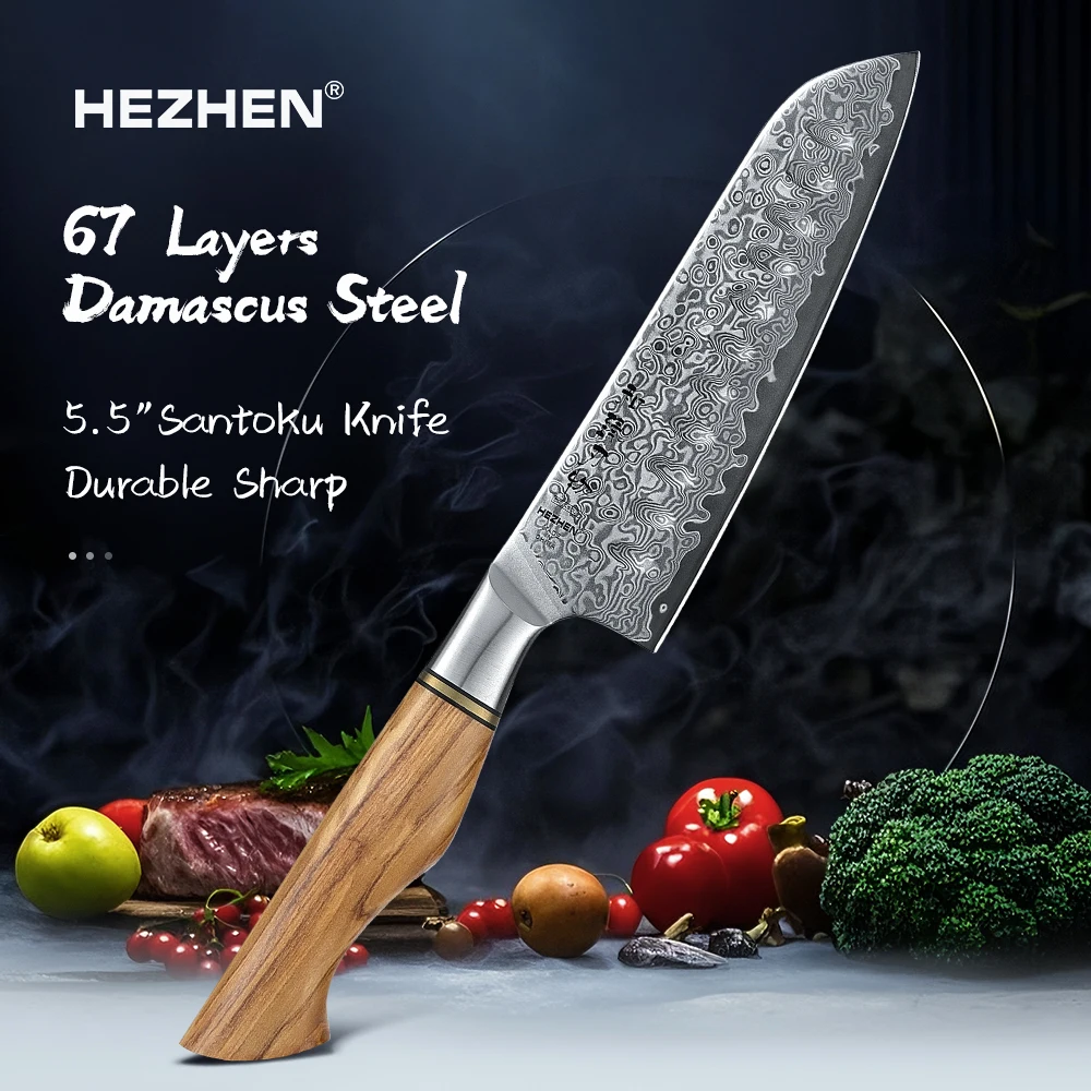 HEZHEN 5.5 Inches Santoku Knife 60±2 HRC Japanese 67 Layers Damascus Steel Vegetable Fruit Knife Beautiful Gift Box Cleaver
HEZHEN 5.5 Inches Santoku Knife 60±2 HRC Japanese 67 Layers Damascus Steel Vegetable Fruit Knife Beautiful Gift Box Cleaver