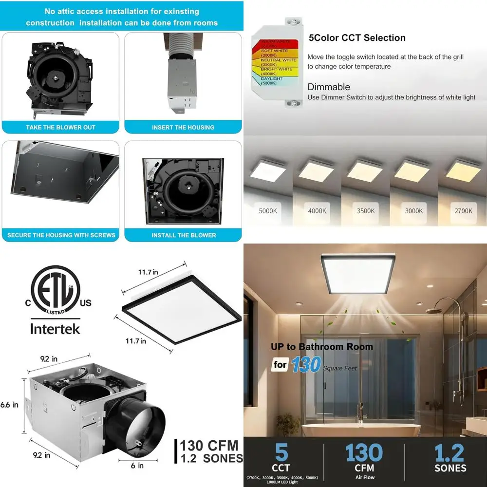 Dimmable 1000lm 5CCT LED Bathroom Exhaust Fan with Light, 130cm, Night Light, 6-Inch Duct, Quiet Operation, Black Trim, Easy Ins
Dimmable 1000lm 5CCT LED Bathroom Exhaust Fan with Light, 130cm, Night Light, 6-Inch Duct, Quiet Operation, Black Trim, Easy Ins
