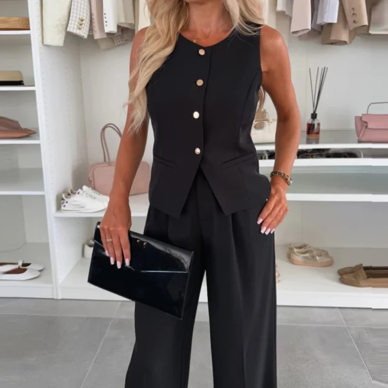 Leisure Sleeveless Button Vest&Straight Pants Sets Fashion O Neck Suit Women's Set Summer New Solid Color Slim Commuting Outfits
Leisure Sleeveless Button Vest&Straight Pants Sets Fashion O Neck Suit Women's Set Summer New Solid Color Slim Commuting Outfits