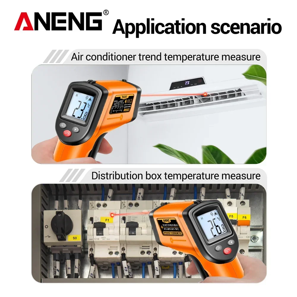 ANENG TH201 Celsius Display Digital Infrared Thermometer Highly Sensitive Non-contact Temperature Measuring Gun Hygrometer
ANENG TH201 Celsius Display Digital Infrared Thermometer Highly Sensitive Non-contact Temperature Measuring Gun Hygrometer